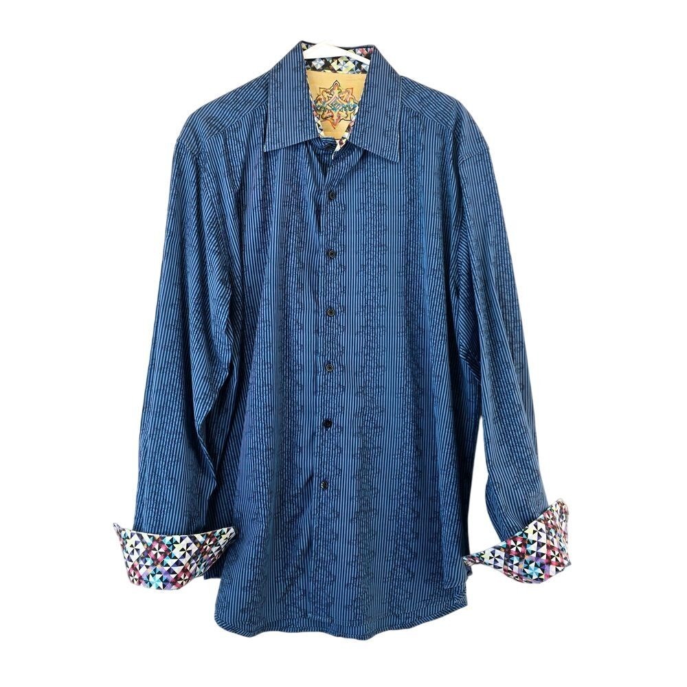 Robert Graham Mens XL Blue‎ Striped Dress Shirt Geometric Cuff Trim Silk Blend - Picture 2 of 15